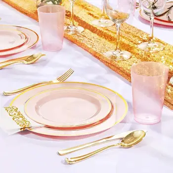 50pcs/veliko Roza Plastike z Zlato Razpoložljivega Zlata Plastični jedilni pribor z Zlato Čipke Servis za svate Strank