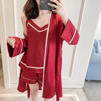 2019 Evropske Ženske Pižame Določa 3 Kosov Saten Sleepwear Pijama Špageti Trak Svile Spanja Salon More Pyjama