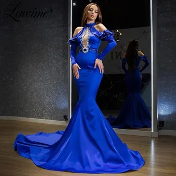 Royal Modra Večerne Obleke Beaded Kristali Dubaj Bližnjem Vzhodu Ženske Stranka Obleko 2021 Couture Dolge Rokave Saten Maturantski Halje, Halje