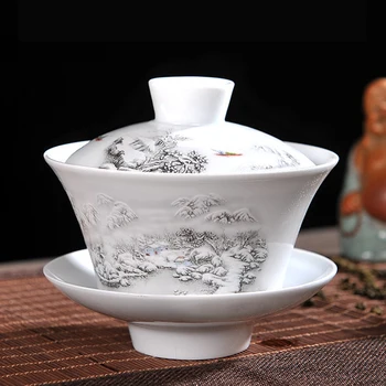 Kitajski Kung Fu Čaj Nastavite Gaiwan Modre in Bele Porcelanaste Čaj Tureen Keramično Skledo Čaj Zdravje Teacup kozarec in Krožnik Master Skodelice