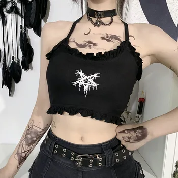 Gothic Black Camis Pentagram Tiskanja Harajuku Špagete Trakovi Križ Camisole Punk Seksi Backless Ženske Poletje Odrezana Zgornji Deli Oblacil