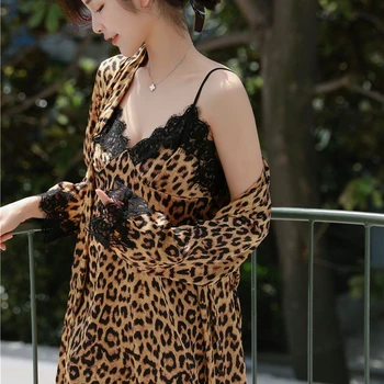 Leopard haljo seksi ženska poletje čipke naramnice nightdress prsih pad 2-kos pižamo domov nositi lahko nosili zunaj haljo feminino
