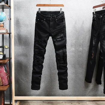 Moda Ulične Moške Jeans Visoke Kakovosti Elastično Bombažne Slim Denim Raztrgala Punk Hlače Obliži Oblikovalec Stretch Hip Hop Hlače