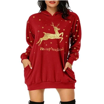 Ugly Pulover Božič Ženske Long Sleeve Hooded Elk Tiskanja Xmas Party Kostum Za Odrasle Dekle Novo Leto Vrhovi Jeseni, Pozimi Oblači
