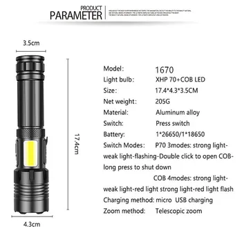 4000 Lumnov Svetlo XHP70+COB LED Led Svetilka USB Polnilne Vodotesne Svetilke Prenosne Dolgo Uporabo 1*26650/1*18650 Baterija Tabor