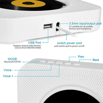 Prenosni CD-Predvajalnik s povezavo Bluetooth, Stene Ansi CD Predvajalnik Glasbe Dom Avdio Boombox z Daljinskim upravljalnikom FM Radio AUX Zvočniki
