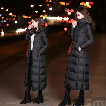 Zimske Jakne Ženske Plašč Ženski Slim Parka Nad Kolena Bombaž, Oblazinjeni Koreja Hooded Toplo Manteau Femme Hiver Črna Trdna Dolg Plašč