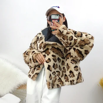 Pravi Krzno Plašč Rex Zajec Krzno Plašč Ženska Kratka Leopard Natisniti Moda Debel Toplo Korejski Ulične Mode