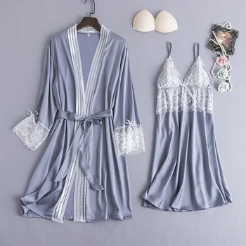 Saten Ženski Kimono Plašč Nastavite Sleepwear Čipke Seksi Nevesta Družico Poroko Haljo More 2021 Novo Homewear Kopalni Plašč Nightgown