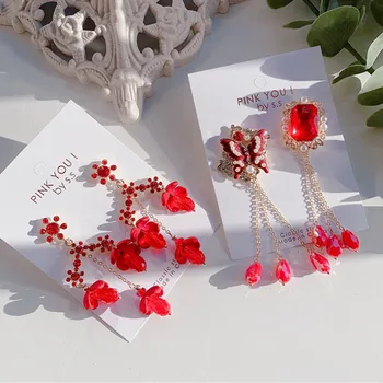MWSONYA 2021 korejski rdeči kristal Cvetje Dolge Verige Tassel Spusti Uhani za Ženske Modni Kristalno Pendientes Nakit Darila