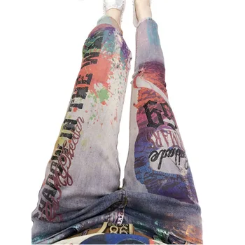 Suha ženska Sopihanje Priložnostne Femme Svinčnik Porjavelost Naslikal Vzorec Denim jeans Hlače