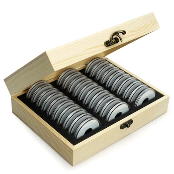 Lesene Kovanec Zaslon Škatla za Shranjevanje Primeru za Kovanec Zbirateljske s 30 Kapsul Kovancev Prikazno Polje