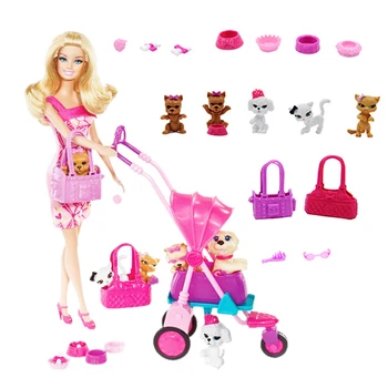 Barbie Lutka Dog Voziček Pet Voziček in Dodatki Set Zbiranje Dekle Igrati Hiša Igrača Otrok Darilo BCF82