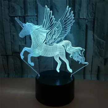 3D Lava, ki Plujejo pod Krila Samorog Konj LED Otroška Spalnica Tabela 7 Barvo USB Charge Romantična Luna Noč Svetlobe Rojstni dan Otroci Darilo