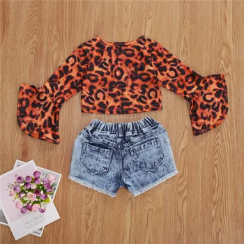Moda Otroke, Otroci, Dekleta, Kompleti Oblačil za Pomlad Dekleta Flare Rokav Leopard Natisniti T-majice+Raztrgala Traper Hlače Počitnice Obleke